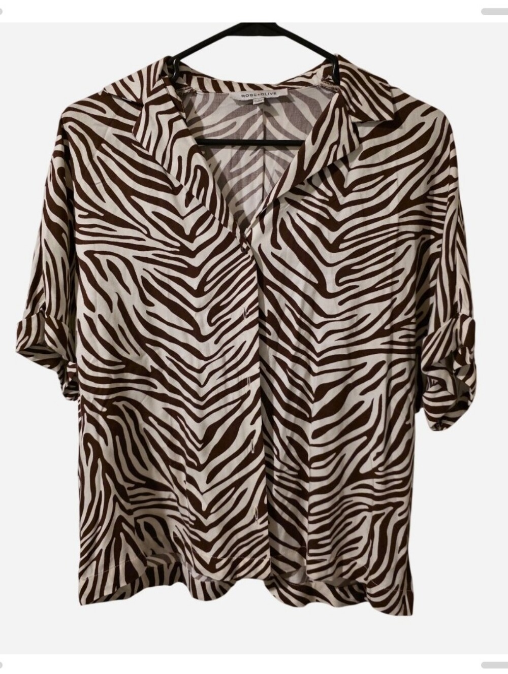 Rose & Olive Brown and White Zebra Print Button-Up Top